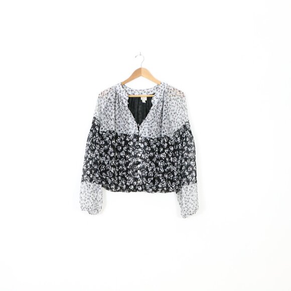 *Joie Black White Floral Chiffon Light Weight Peasant Top Puff Sleeves Blouse - Picture 3 of 8